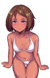 1girls blush blushing blushing_at_viewer bra brown_hair dark-skinned_female female female_only maru_(stardew_valley) panties pixel_art purple_eyes short_hair sitting smile smiling smiling_at_viewer solo solo_female stardew_valley white_bra white_panties xy_(artist)