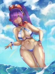 android beach big_breasts covered_eye dark-skinned_female klopsiak layer mega_man mega_man_x mega_man_x_dive purple_hair reploid robot robot_girl summer swimsuit swimsuit_layer_(x_dive) water