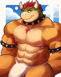 1boy 2022 abs anthro armband armpit_hair bara barazoku big_bulge big_muscles bodily_fluids body_hair border bowser bulge chest_hair clothing cloud collar day deedea eyebrows gay hair hi_res horn huge_bulge huge_muscles koopa male male_only mario_(series) muscular muscular_anthro muscular_male narrowed_eyes navel nintendo nipple_piercing nipple_ring nipples non-mammal_nipples obliques outside pecs piercing ring_piercing scalie sitting sky solo solo_male spiked_armband spiked_collar spikes sweat sweatdrop thong underwear video_games white_border