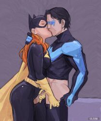 1boy 1girls barbara_gordon batgirl batman_(series) black_hair canon_couple closed_eyes clothed dc dc_comics dick_grayson dickbabs erection female handjob kalruna kissing long_hair love male nightwing partially_clothed penis red_hair straight superhero superhero_costume superhero_couple superheroine tender wholesome