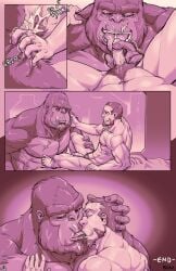 abs anthro anthro_penetrated ape back_muscles balls beard bed beralin blush bodily_fluids body_hair breath chest_hair closed_eyes comic condom cum cum_drip cum_in_mouth cum_inside cum_on_balls cum_on_face cum_on_penis dripping drooling duo ejaculation english_text erection facial_hair filled_condom french_kissing fur furniture genital_fluids genitals gorilla grin hand_on_chest handjob haplorhine hi_res holding_head holding_partner human human_on_anthro human_penetrating human_penetrating_anthro interspecies kissing larger_anthro larger_male looking_pleasured male male/male male_penetrated male_penetrating male_penetrating_male mammal muscular muscular_anthro muscular_human muscular_male navel nipples nude oral oral_penetration pecs penetration penile penis precum primate saliva scar sex sexual_barrier_device signature size_difference smaller_human smaller_male smile snowballing spread_legs spreading sweat teeth text tongue