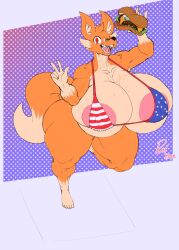 4th_of_july american_flag_bikini anthro armpits barefoot big_ass big_breasts bikini breasts burger cleavage female female_focus female_only fox fox_ears fox_girl fox_tail furry huge_ass huge_breasts hyper hyper_breasts orange_fur original original_character red_eyes redmoon83 rei_(redmoon83) smiling solo thick_thighs thighs two_tone_fur