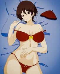 bed beret big_breasts brown_hair carmen españa español espana female goddess horny horny_female innocent looking_at_viewer mari maria maria_del_carmen mariica navarra nude_female red_beret red_bra red_eyes red_sash red_underwear sash spanish sweatdrop sweating virtual_youtuber vtuber young