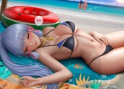 alexander_dinh beach bikini female female_focus genshin_impact grey_hair kamisato_ayaka laying_down laying_on_back raiden_shogun sleeping tagme text_bubble yae_miko zzz