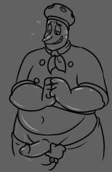 anthro_saltshaker boner chef chef_saltbaker chef_uniform chubby_male cuphead:_the_delicious_last_course cuphead_(game) embarrassed fat_cock just_because_this_doesn't_have_color_doesn't_mean_it's_a_sketch_i'm_just_lazy_lmao male_only pulling_down_pants salt_shaker sweat