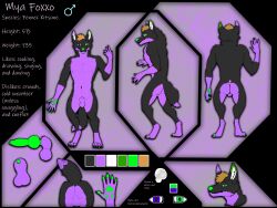 absurd_res animal_genitalia animal_penis anthro backsack balls ballsack canid canine canine_penis fellowwolf fennec fox fur genitals green_body green_eyes green_skin grey_body grey_fur heterochromia hi_res knot male male_focus male_only mammal model_sheet mya_foxxo_(cookie_d0e) pawpads penis purple_body purple_eyes purple_fur rear_view reference_image simple_background solo