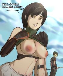 1girls belt big_breasts black_hair breasts breasts_out breasts_outside brown_eyes exposed_breasts female final_fantasy final_fantasy_vii fingerless_gloves flashing flashing_breasts forehead_protector gloves headband monke_brush nipples shirt_lift short_hair shorts smile smirk sonon_kusakabe square_enix sweat_drop turtleneck unzipped_shorts yuffie_kisaragi