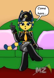 1girls animal_crossing ankha ankha_(animal_crossing) big_breasts black_eyes black_outfit blue_hair boots breasts couch crossed_legs dominatrix female female_domination femdom hat huge_breasts latex_suit metalzaki_(artist) nintendo pov sitting sitting_on_couch sitting_on_sofa sofa solo solo_female talking_to_viewer yellow_tie