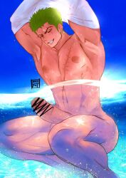 armpits barayot beach boner censored censored_penis erect_penis erection hard_on male male_only muscles muscular muscular_male one_piece outdoors outside removing_shirt roronoa_zoro solo_male uncut veiny_penis water winking