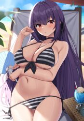 1girls 2022 absurd_res beach beach_umbrella bikini blush breasts fate/grand_order fate_(series) female female_only hips huge_breasts long_hair looking_at_viewer outdoors purple_hair red_eyes scathach_(fate) scathach_skadi slim_waist striped_bikini suiroh_(shideoukami) sweat sweaty_body thick_thighs thighs wide_hips