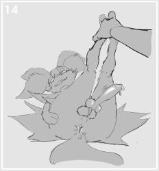 ambiguous_gender animal_genitalia animal_penis anthro anus balls border braixen canine_penis disembodied_hand duo elicazzz erection femboy genitals grey_border human interspecies knot legs_up lying male male/ambiguous mammal monochrome nintendo on_back ose penis pokémon_(species) pokemon pokemon_(species) pokephilia video_games