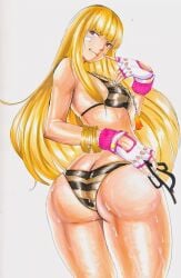 1girls ass ass_cleavage big_ass bikini blonde_hair bracelet breasts butt_crack clothing dat_ass emilie_de_rochefort fat_ass female female_only gloves looking_at_viewer looking_back octavius_dp small_breasts smile smug solo swimsuit tekken thick_thighs