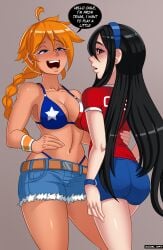 2girls accelart big_ass bikini_top breasts chile chile-chan_(accelart) chile_chan chilean denim_shorts english_text gardnerverse latina long_hair multiple_girls national_personification sam_gardner short_skirt shorts texas world_cup yuri