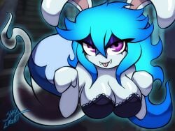 4:3 anthro big_breasts blue_hair breasts cleavage clothed clothing cute cute_face eyeshadow fangs female female_only ghost hair hi_res lagomorph looking_at_viewer makeup mammal mario_(series) mario_+_rabbids mario_+_rabbids:_sparks_of_hope midnite_(mario_+_rabbids) narrowed_eyes nintendo purple_eyes rabbid raving_rabbids skylight_(artist) smile smiling_at_viewer solo solo_female spirit tongue tongue_out translucent translucent_body ubisoft video_games white_body