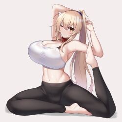 belly_button big_breasts black_pants blonde_hair breasts collar feet feet_up female hands_up huge_breasts ktn_kuta long_hair long_ponytail one_eye_closed ponytail red_collar sports_bra sportswear stretching sweat sweating sweaty_body sweaty_breasts yellow_eyes yoga yoga_pants yoga_pose