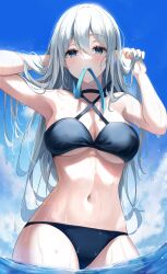 1girls absurdres beach bikini black_bikini blue_eyes breasts cleavage dripping gongha highres in_water large_breasts navel original playing_with_own_hair solo swimsuit underboob wading water wet white_hair