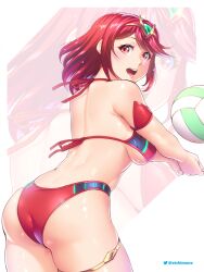 1girls :d ass ass_cleavage ass_focus ball bikini blush breasts butt_crack cowboy_shot diadem etchimune female female_only latex leaning_forward long_hair looking_back medium_breasts nintendo open_mouth pyra pyra_(xenoblade) red_bikini red_eyes red_hair red_ribbon ribbon shiny_skin shoulder_blades sideboob skindentation smile solo swimsuit thighlet twitter_username underboob volleyball volleyball_(object) xenoblade_(series) xenoblade_chronicles_(series) xenoblade_chronicles_2