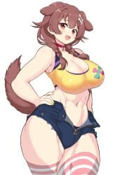 1girls :d abs animal_collar animal_ears athletic athletic_female blue_shorts bone_hair_ornament braid breasts brown_eyes brown_hair cleavage collar curvy cute denim_shorts dog_ears dog_girl dog_tail female hair_ornament hand_on_hip highres hololive hololive_gamers hololive_japan huge_breasts inugami_korone jean_shorts large_breasts matarou_(matarou072) nail_polish oerba_yun_fang short_shorts shorts simple_background smile solo striped striped_legwear tail thick_thighs thighhighs toned toned_female twin_braids unzipped virtual_youtuber white_background yellow_nails