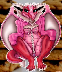 absurd_res adelina_the_love_dragon anthro bottomless breasts claws clothed clothing cookie crouching female food genitals heart_(marking) heartlessangel3d hi_res nippleless no_nipples pink_body pink_scales pussy red_body red_skin scales solo wings