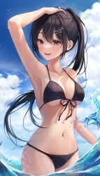 arm_up bathing black_bikini black_hair clouds female myowa ocean original purple_eyes smiling tagme wet