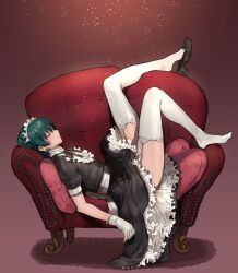 byleth_(fire_emblem) byleth_(fire_emblem)_(male) chair crossdressing femboy fire_emblem fire_emblem:_three_houses gay girly maid maid_apron maid_headdress maid_uniform male_maid nonesabu sleeping thighhighs yaoi