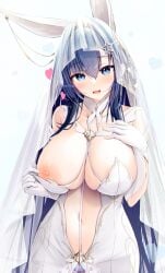 1girls animal_ears azur_lane between_breasts blue_eyes blue_hair breasts bridal_veil cleavage clothes_pull clothing_cutout commentary_request dress dress_pull female hand_on_own_chest happy headdress heart highres hukairi_botan large_breasts looking_at_viewer navel navel_cutout new_jersey_(azur_lane) new_jersey_(snow-white_ceremony)_(azur_lane) nipples official_alternate_costume rabbit_ears solo veil wedding_dress