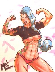 blue_eyes blue_hair bodybuilder braid freckles maximaldraws muscular muscular_female pierced_lip pierced_nipples pierced_tongue pink_panties sidecut underboob underboob_shirt undercut yumy_koli