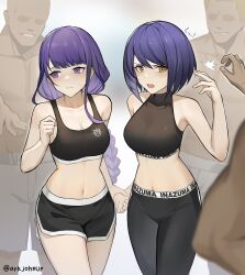 2022 2girls 3boys adults angry ark_john_up big_breasts black_hair blush braid breasts cleavage dark-skinned_male dolphin_shorts duo_female faceless_male genshin_impact gym_clothes gym_shorts holding_hands human imminent_rape kujou_sara long_hair midriff muscular_male navel purple_eyes purple_hair raiden_shogun scared short_hair shorts smile smirk sports_bra sportswear sweatdrop teenagers tomboy topless trio_male two_tone_clothing two_tone_clothing_(blackandwhite) yellow_eyes yoga_pants