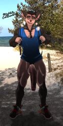 anthro backpack beach big_penis bodily_fluids body_hair bottomless canid canine canis castbound clothed clothing darkened_genitalia detailed_background domestic_dog eye_scar facial_scar fingerless_(marking) flaccid footwear genitals hair hi_res humanoid_genitalia humanoid_penis looking_at_viewer male mammal muscular penis pubes red_eyes russell_(castbound) scar seaside shirt shoes short_hair solo sweat tank_top topwear