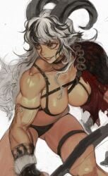 1girls arm_strap athletic athletic_female big_breasts bikini black_hair black_horn black_streaks breast_strap breasts color colored colored_sketch curved_horn earrings female fit fit_female furry_ears goat_ears goat_eyes goat_girl goat_horns horns long_hair messy_hair morry_evans muscular muscular_arms muscular_female muscular_shoulders rough_sketch simple_background smile solid_color_background solo solo_female tattoo teeth thick_thighs thigh_strap thighs two_tone_hair white_background white_hair