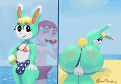 all_fours animal_crossing anthro ass backsack balls beach big_butt bikini bikini_thong blonde_hair cameltail clothing clothing_aside genitals girly hair human lagomorph leporid male mammal nintendo oofrowdy rabbit sasha_(animal_crossing) seaside stars_and_stripes swimwear swimwear_aside tenting united_states_of_america video_games