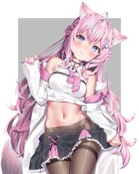 animal_ears breasts cat_ears female hakui_koyori hololive hololive_japan holox k_mugura looking_at_viewer midriff pantyhose pink_hair simple_background skirt tagme virtual_youtuber