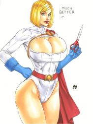 1girls areolae big_breasts blonde_hair blue_eyes boob_window cape chris_foulkes cleavage cleavage_cutout cleavage_overflow dc dc_comics kara_zor-l karen_starr kryptonian pose power_girl scissors smile superheroine superman_(series)