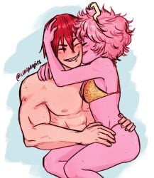 1boy 1girls arm_around_neck bikini blush cheek_kiss closed_eyes cowpoopies duo eijirou_kirishima embrace fanon_couple female golden_bikini hand_on_head hand_on_waist hands_on_hips happy horns hugging male male/female mina_ashido muscular muscular_male my_hero_academia pink_body pink_hair pink_skin red_hair shirtless shirtless_male smiling straight summer topless wholesome