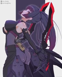 1girls alice_gear_aegis an-chang ass black_bodysuit black_gloves bodysuit breasts dual_wielding elbow_pads female gloves hair_behind_ear highres holding holding_sword holding_weapon honkai_impact_3rd long_hair mecha_musume medium_breasts red_eyes science_fiction sleeveless_bodysuit solo sword tagme very_long_hair weapon