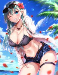 1girls akizuki_akina alternate_eye_color aqua_hair belt bikini black_bikini blue_eyes blue_shorts breasts brown_belt cherry_blossoms cleavage collarbone cowboy_shot day denim denim_shorts eyewear_on_head flower grey_bikini grin hair_flower hair_ornament hand_on_own_thigh jewelry kantai_collection large_breasts leaning_forward long_hair long_sleeves looking_at_viewer navel necklace ocean one_eye_closed open_clothes open_fly open_shirt outdoors shirt short_shorts shorts skindentation sky smile solo sunglasses suzuya_(kantai_collection) swimsuit thigh_strap thong tree upper_body white_shirt