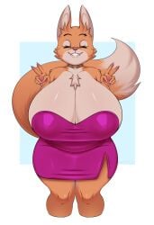 anthro big_breasts breasts cleavage clothing diane_foxington dress eyebrow_piercing eyes_closed female female_only fox huge_breasts kiwipotato large_breasts piercing smile smiling_at_viewer solo the_bad_guys thick_thighs v_sign wide_hips