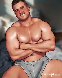 1boy arms_crossed boner caucasian caucasian_male damnarts erect_penis erection erection_under_clothes hard_on male_only muscles muscular muscular_male onlyfans_model real_person ryan_walker smiling_at_viewer solo_male