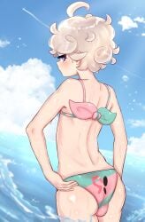 1boy ass back_view beach bede_(pokemon) beet_(pokemon) bikini blush btms666 bulge crossdressing eye_contact femboy game_freak girly looking_at_viewer looking_back male male_only nintendo pokemon pokemon_(game) pokemon_ss purple_eyes short_hair silver_hair solo