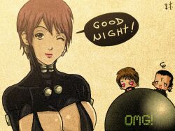 1girls 2boys being_watched big_breasts bodysuit brown_hair cleavage english_text female female_focus gantz gantz_suit heart_eyes horny kei_kishimoto kei_kurono latex latex_suit looking_at_viewer male masaru_kato nosebleed short_hair skin_tight smile speech_bubble upper_body very_short_hair wink