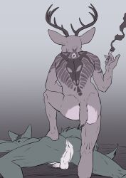 2022 absurd_res anthro anthro_on_anthro antlers anus ass athletic athletic_anthro athletic_male backsack balls barefoot beastars bed bent_leg canid canine canis cervid cigarette duo erection feet ffog foot_on_butt foreskin fur furniture genitals gradient_background grey_background hi_res horn humanoid_feet humanoid_genitalia humanoid_penis legoshi_(beastars) louis_(beastars) lying male male/male mammal muzzle_(object) muzzled nude on_bed on_front penis perineum plantigrade rear_view simple_background smoke standing tattoo tuft wolf