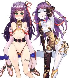 2girls armpits bikini blue_hair blush braided_hair closed_eyes clothed clothing crowned_by_the_world_chalice duel_monster female galatea_the_orcust_automaton green_eyes ib_(yu-gi-oh!) multiple_girls purple_hair small_breasts thighs yu-gi-oh!