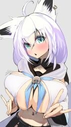 ahoge animal_ears blue_eyes blush breasts cleavage collarbone female fox_ears highres hololive hololive_gamers hololive_gen_1 hololive_japan hood hoodie kajimakoto large_breasts long_hair navel parted_lips shirakami_fubuki silver_hair simple_background solo upper_body virtual_youtuber white_background