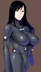 big_breasts black_eyes black_hair bodysuit female female_only gantz gantz_suit latex latex_suit long_hair shimohira_reika skin_tight solo takasugi_kou tight_clothing