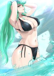 1girls 2022 armpits arms_up artist_signature beach bikini black_bikini breasts female female_only green_eyes green_hair hips huge_breasts long_hair long_ponytail nintendo outdoors patreon_username pneuma_(xenoblade) ponytail slim_waist thick_thighs thighs vialnite water wet wide_hips xenoblade_(series) xenoblade_chronicles_2