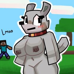 big_breasts breasts collar dog_collar female furry lewdewott minecraft pale_wolf_(minecraft) steve_(minecraft) tagme tail thighs wolf_(minecraft)