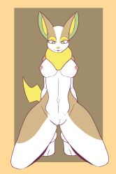 2022 absurd_res anthro crotch_tuft female furry genitals green_eyes hands_behind_back hi_res kneeling navel nintendo nipples nude pokémon_(species) pokemon pussy solo tan_body the_man tuft video_games white_body yamper yellow_eyelids yellow_nose