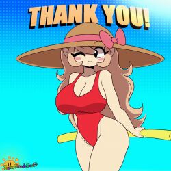 1girls alternate_version_available animated artist_name beach_hat big_breasts blair_(scruffmuhgruff) eyebrows_visible_through_hair female light_brown_hair pink_cheeks pool_noodle red_swimsuit scruffmuhgruff solo solo_female thank_you thick_thighs winking winking_at_viewer