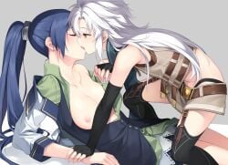 2girls bangs black_armwear black_gloves black_legwear blue_hair blush breasts breasts_out closed_eyes collarbone cowgirl_position dominant_female eiyuu_densetsu elbow_gloves falcon female female_focus fie_claussell fingerless_gloves garter_straps girl_on_bottom girl_on_girl gloves grabbing grabbing_another's_arm grey_background hakuleg kissing laura_s._arseid legwear long_hair multiple_girls nipples no_bra on_top parted_bangs ponytail sen_no_kiseki short_skirt silver_hair simple_background skirt small_breasts submissive_female tongue tongue_out trails_of_cold_steel very_long_hair white_hair yellow_eyes yuri