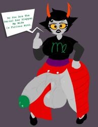 1futa 2022 balls black_hair black_lips breasts clothing dialogue dress dress_lift english_text fangs futa_only futanari grey_background grey_skin homestuck horns huge_balls huge_cock hyper_penis kanaya_maryam looking_at_viewer ms_paint_adventures open_mouth penis pineapalooza short_hair solo speech_bubble standing talking_to_viewer text thick_thighs troll veiny_penis wide_hips yellow_eyes